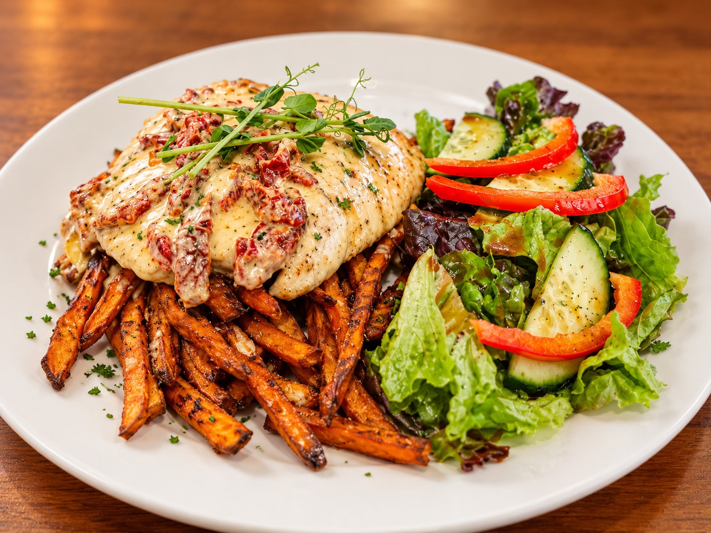 Chicken Delizioso: grilled chicken breast in a creamy sundried tomato sauce over sweet potato chips, with a fresh garden salad